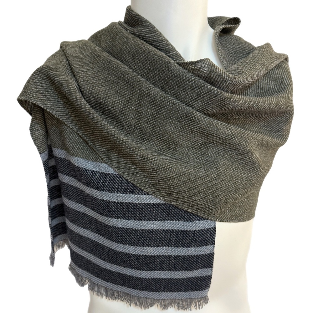 Profuomo Made in Italy Wool Blend Scarf 🇮🇹 – Olive & Charcoal Striped – NWT